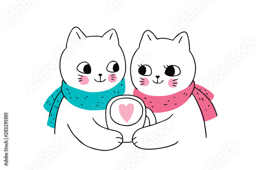 Cartoon cute winter cats couple and coffee cup vector.