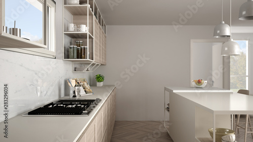 Modern white kitchen with wooden details and parquet floor, modern pendant lamps, minimalistic interior design concept idea, island with stools and accessories