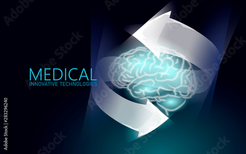 Brain treatment low poly 3D render. Drug nootropic human ability stimulant smart mental health. Medicine cognitive rehabilitation in Alzheimer disease and dementia patient vector illustration