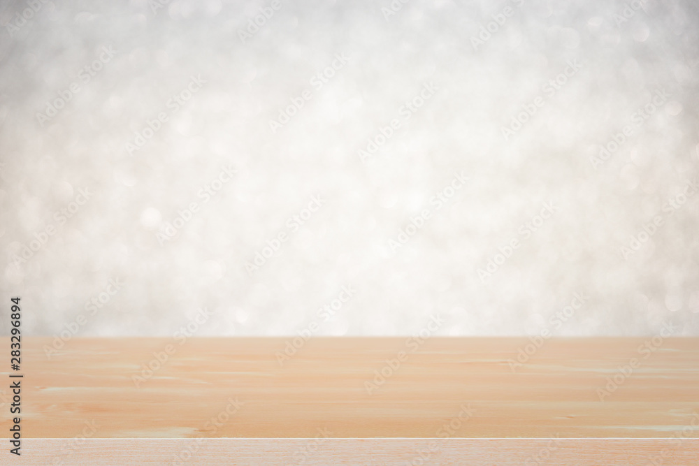Empty wood table top on white bokeh abstract background. Empty wood table top on white bokeh abstract background.