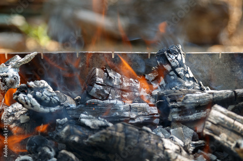 Wooden firewood from fruit trees burns for kebabs and barbecue.