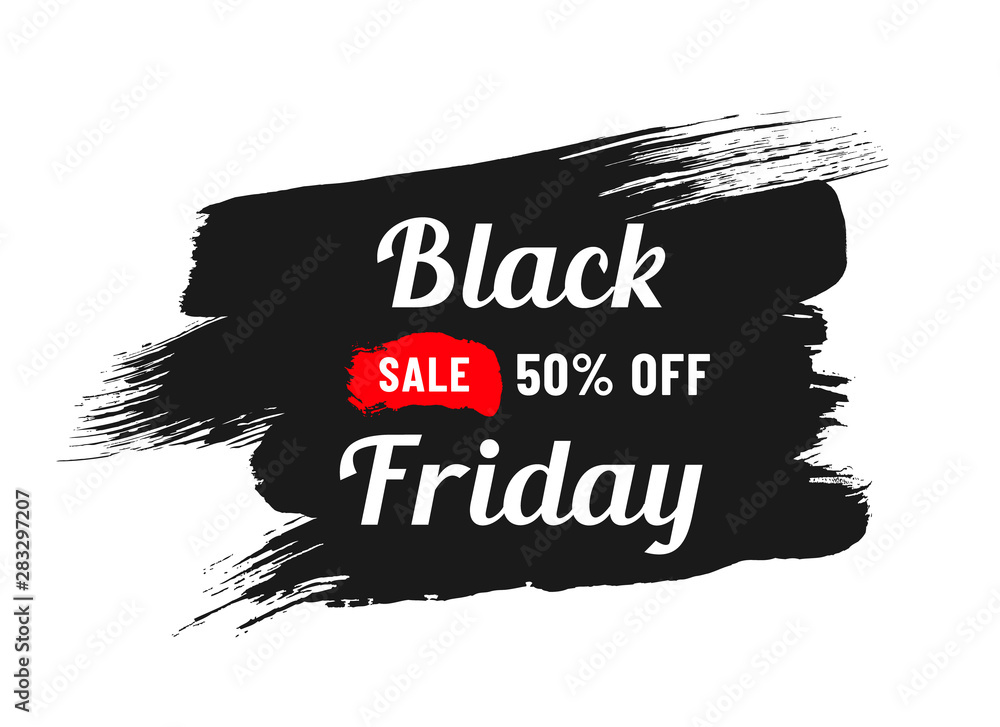 black friday sale white lettering on black brush stroke. 50 percent off discount. black friday commercial illustartion for seasonal promotions and advertising in stores black friday sale white lettering on black brush stroke. 50 percent off discount. black friday commercial illustartion for seasonal promotions and advertising in stores