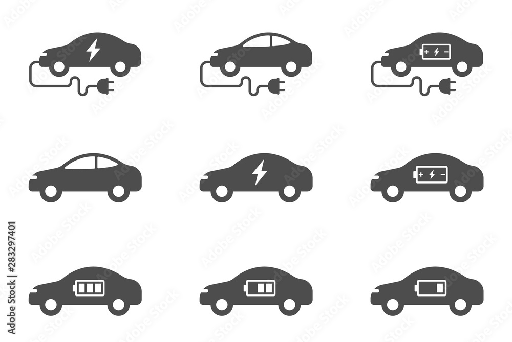 electric eco car vector icons set isolated on white background. electric ecological transport comcept. electric car flat icons for web, mobile and ui design.