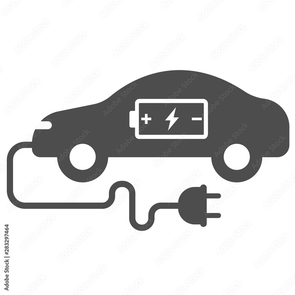 electric eco car with battery acumulator and wire plug icon isolated on  white background. flat icon for web, mobile and user interface design.  electric ecological transport comcept Stock Vector | Adobe Stock