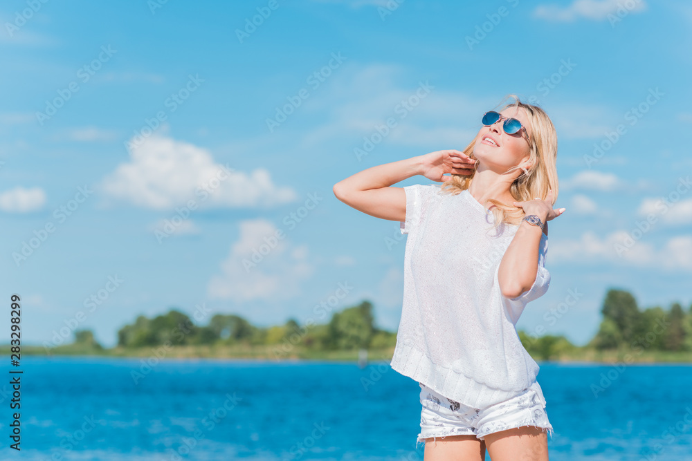 Relax concept. Woman rest at nature, attractive girl enjoy the life