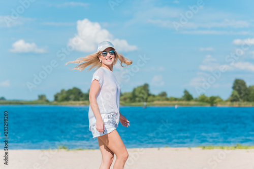 Relax concept. Woman rest at nature, attractive girl enjoy the life