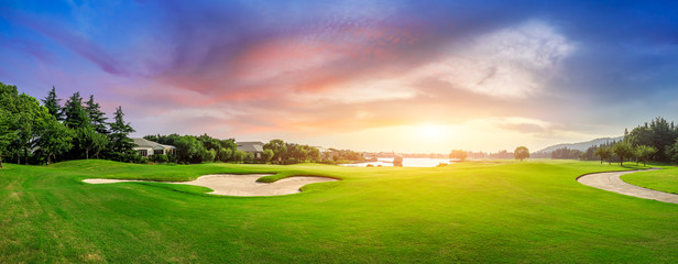 Green grass and woods on a golf field
