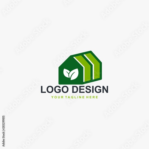 Greenhouse logo design vector. Plant care illustration symbol. Green leaf sign. Green house and leaf vector icons.