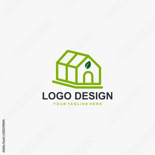 Greenhouse logo design vector. Plant care illustration symbol. Green leaf sign. Green house and leaf vector icons.