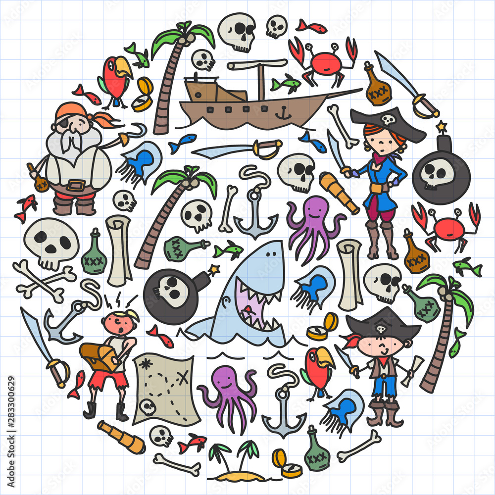 Vector set of pirates children's drawings icons in doodle style. Painted, colorful, pictures on a piece of paper on white background. Vector set of pirates children's drawings icons in doodle style. Painted, colorful, pictures on a piece of paper on white background.