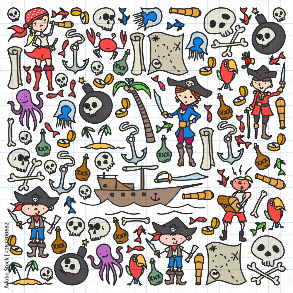 Vector set of pirates children's drawings icons in doodle style. Painted, colorful, pictures on a piece of paper on white background. Vector set of pirates children's drawings icons in doodle style. Painted, colorful, pictures on a piece of paper on white background.