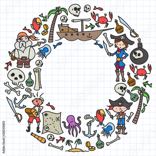 Vector set of pirates children's drawings icons in doodle style. Painted, colorful, pictures on a piece of paper on white background.