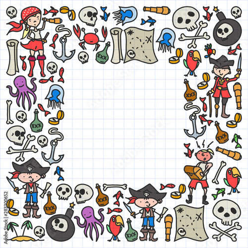 Vector set of pirates children's drawings icons in doodle style. Painted, colorful, pictures on a piece of paper on white background.