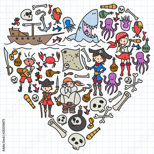 Vector set of pirates children s drawings icons in doodle style. Painted  colorful  pictures on a piece of paper on white background.