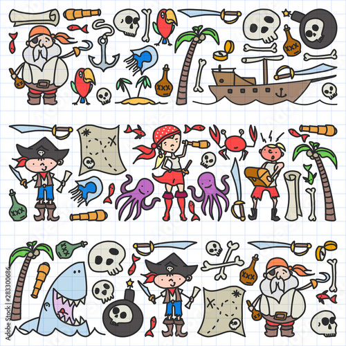 Vector set of pirates children's drawings icons in doodle style. Painted, colorful, pictures on a piece of paper on white background.