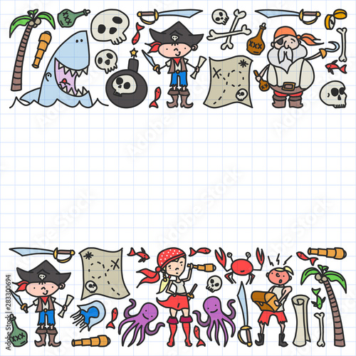 Vector set of pirates children's drawings icons in doodle style. Painted, colorful, pictures on a piece of paper on white background.