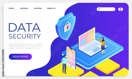 Fototapeta Naklejka Na Ścianę i Meble -  Data security isometric landing concept. Protect data and confidentiality website template. Vector illustration network secure system