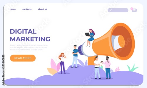Digital marketing landing page. Specialists working on business analysis. Vector illustrations modern website design template for customization advertise business