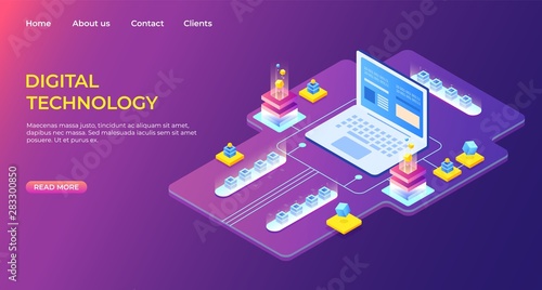 Isometric digital technology landing page. Business success. Computer monitor with infographic elements. Design for presentation. High detailed vector illustration