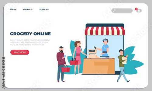 Online grocery food delivery landing page. Courier service, goods shipping website. Food online ordering flat vector illustrations web page mobile apps template for phone and laptop
