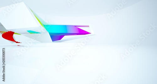 Abstract architectural white and color gradient gloss interior of a minimalist house with large windows. 3D illustration and rendering.