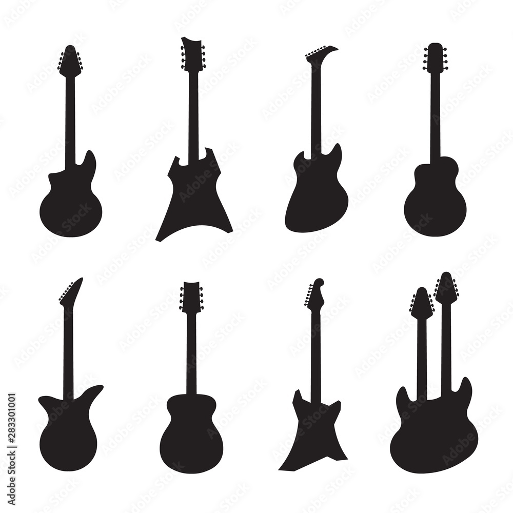 Guitar silhouettes. Black acoustic and electric music string
