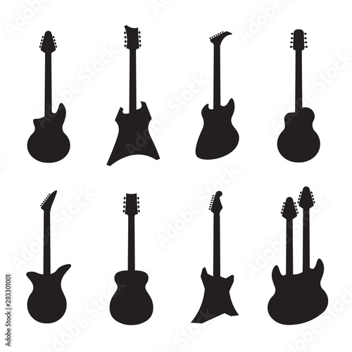 Guitar silhouettes. Black acoustic and electric music string instruments. Vector illustration heavy rock and jazz guitars isolated on white