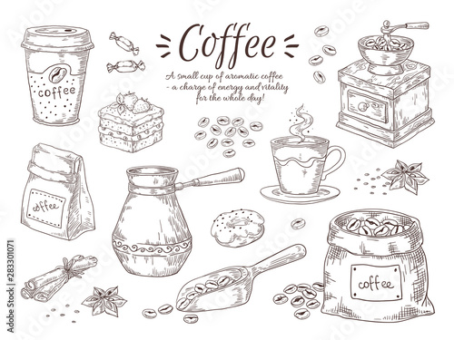 Hand drawn coffee. Vintage Italian drink with breakfast desserts and spices, coffee maker and grinder sketch. Vector vintage drawings illustration isolated set