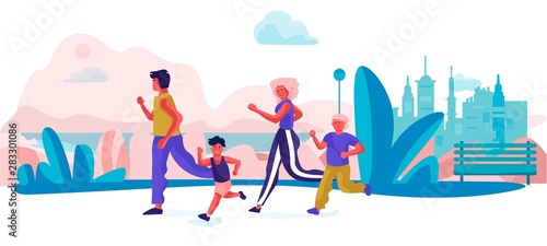 Cartoon family running in park. Parents and children doing exercises sport activities on holidays. Vector together fun and happy run family trendy scene