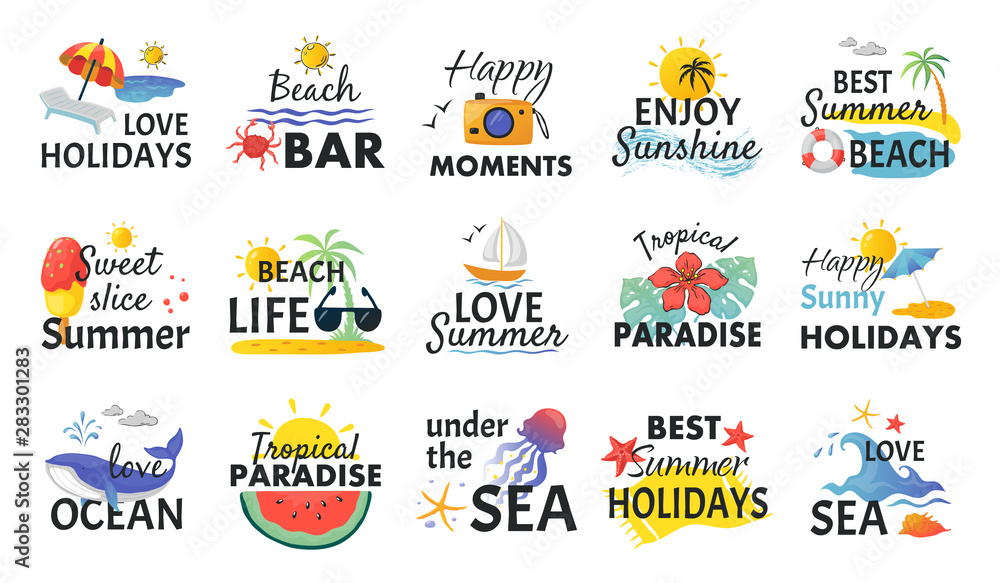Beach hand drawn stickers. Summer holidays labels with lettering and tropical elements, sun waves and ice cream. Vector nature vacation flat logos for travel marketing