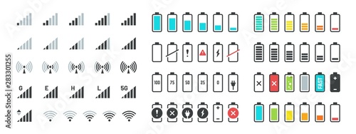 Battery and signal icons. Line and black phone charge status, gsm and wifi signal strength, smartphone UI symbols. Vector illustration indicators for technology gadgets