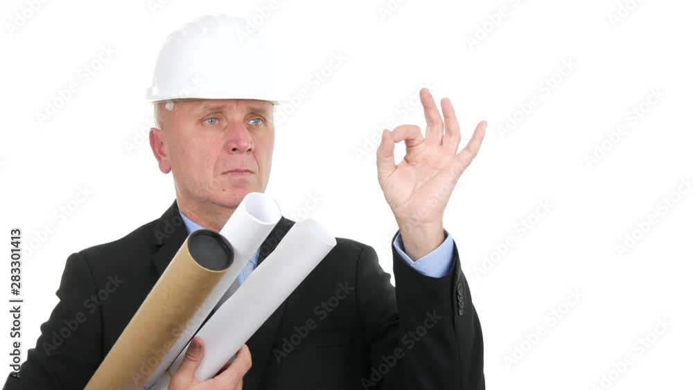 Confident Engineer with Projects and Plans Make Ok Sign Agreeing Hand Gestures Confident Engineer with Projects and Plans Make Ok Sign Agreeing Hand Gestures