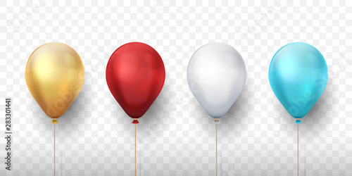 Realistic balloons. 3D holiday party elements for invitation cards and banners, decoration design templates. Vector birthday set red blue gold white on transparent background