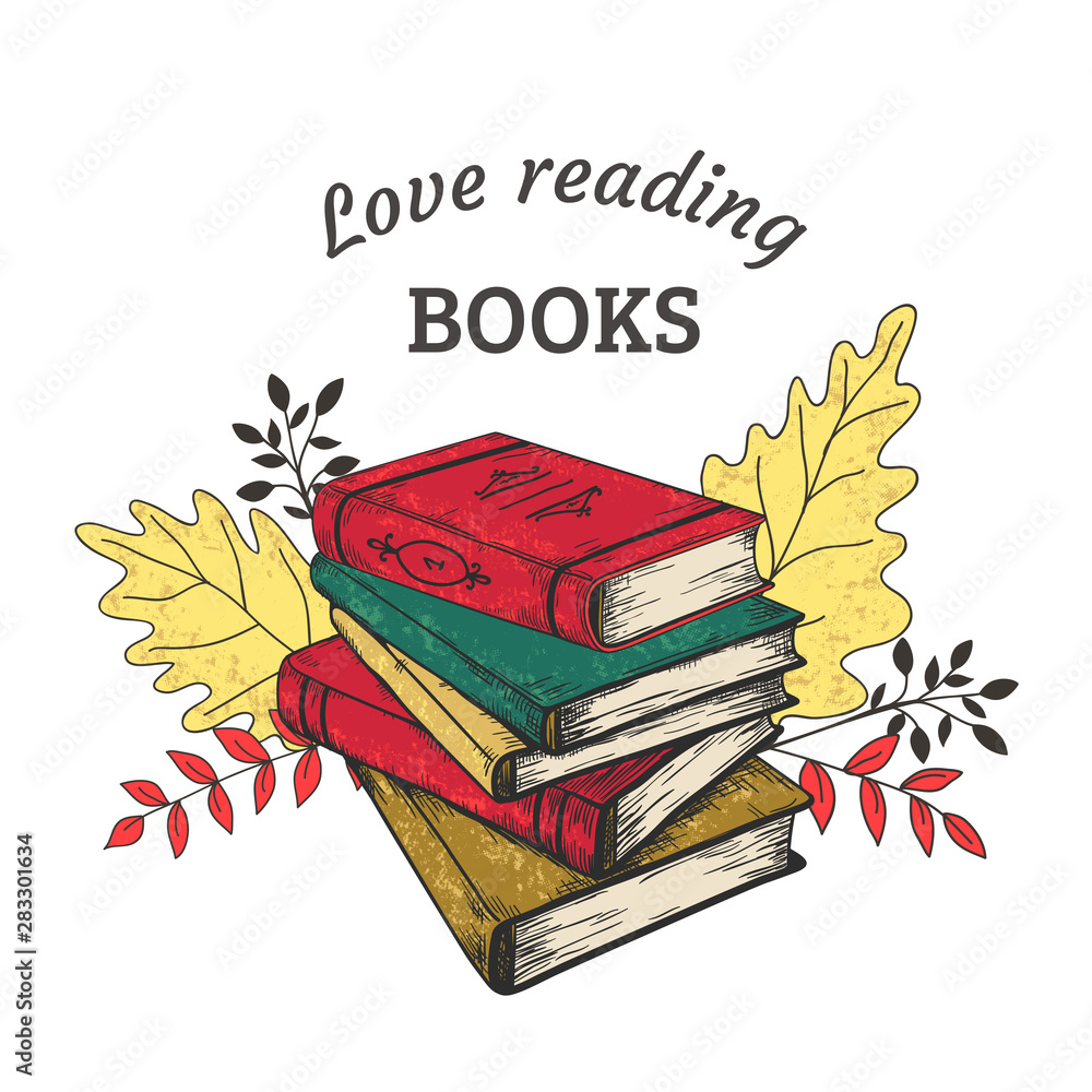 Hand drawn books concept. Vintage stack of books with grunge textures ...