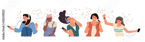 People with headphones. Yong boys and girls listen to music and enjoy sound. Vector illustration hand drawn cartoon characters set listening audio through earphone