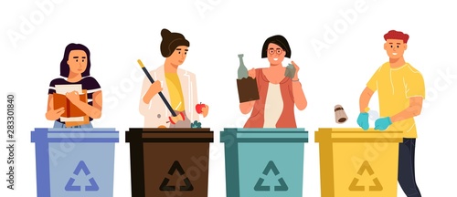 Recycling characters. Cartoon men and women putting trash in different containers, garbage sorting concept. Vector illustrations global eco recycling waste