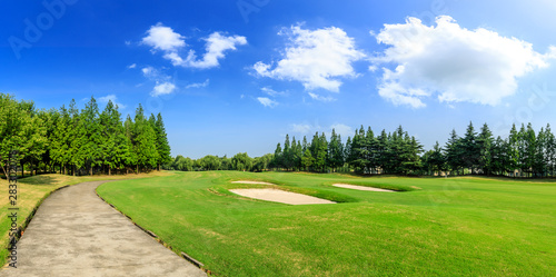 Green grass and woods on a golf field