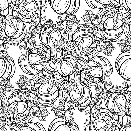 Black and white autumn vector seamless pattern. Pumpkins and autumn leaves background.