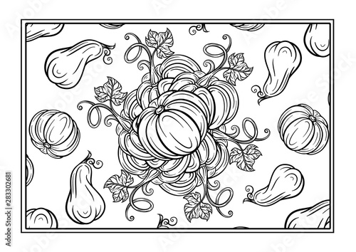 Black and white autumn ornament. Pumpkins and autumn leaves coloring page