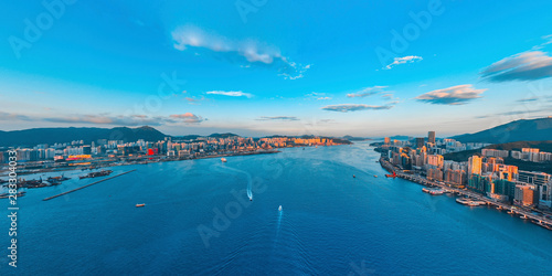 Panorama aerial view of Hong Kong in eastern Victoria Harbor.