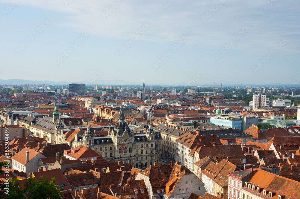 Cityscape of Graz with the Rathaus (town hall) and historic buildings, in Graz, Styria region, Austria. 