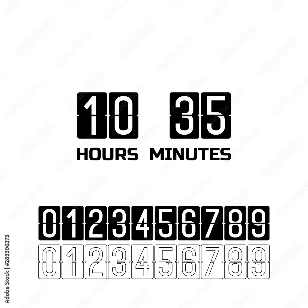 Set of numbers from black and white mechanical scoreboard. Flip countdown clock counter Set of numbers from black and white mechanical scoreboard. Flip countdown clock counter
