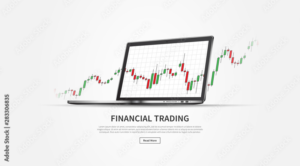 Forex stock trade promo page with laptop (notebook) vector illustration. Web banner template for trading companies graphic design. Financial chart to buy and sell for stock exchange market concept. Forex stock trade promo page with laptop (notebook) vector illustration. Web banner template for trading companies graphic design. Financial chart to buy and sell for stock exchange market concept.