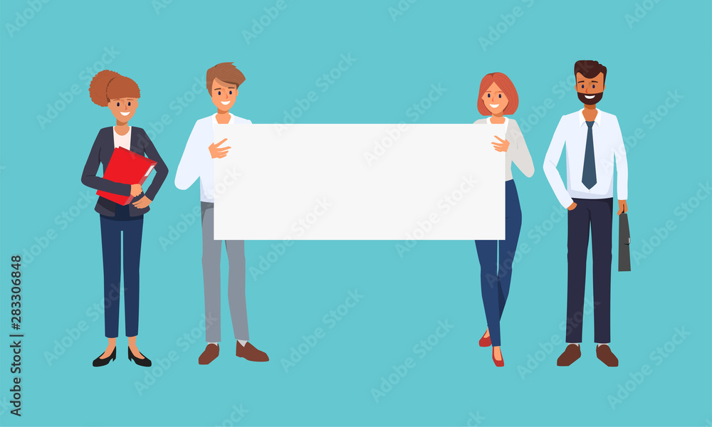 Group of business people teamwork holding big banner blank space character. Group of business people teamwork holding big banner blank space character.
