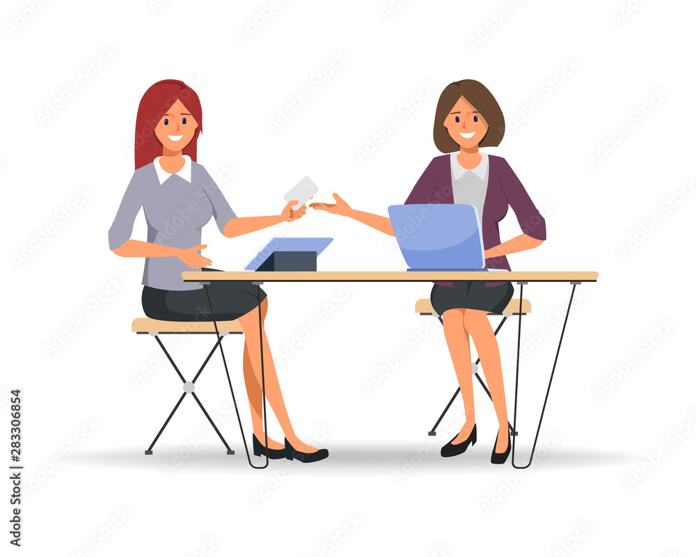 Two businesswoman in teamwork corporate. Colleague character in office workspace.