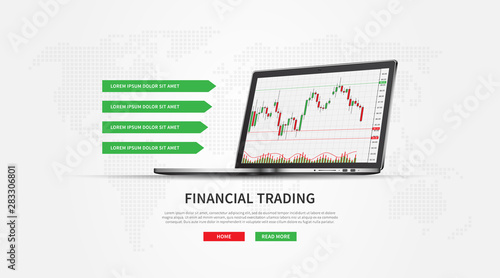 Financial stock trade promo page with laptop (notebook) vector illustration. Web banner template for trading companies graphic design. Financial graph to buy and sell for stock exchange market concept