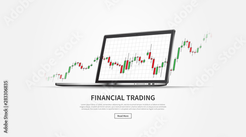 Forex stock trade promo page with laptop (notebook) vector illustration. Web banner template for trading companies graphic design. Financial chart to buy and sell for stock exchange market concept.