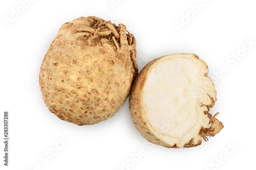 Fresh celery root isolated on white background. Top view. Flat lay.