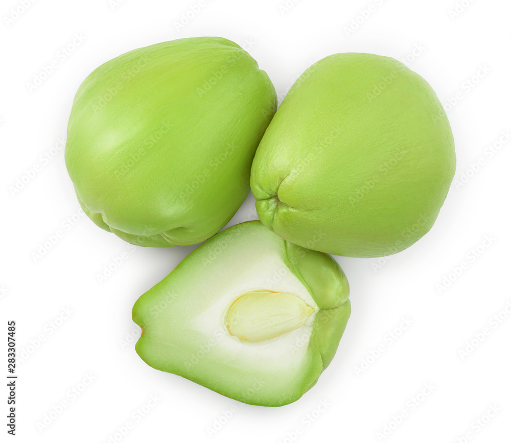 fresh Chayote vegetable isolated on white background. Top view. Flat lay fresh Chayote vegetable isolated on white background. Top view. Flat lay