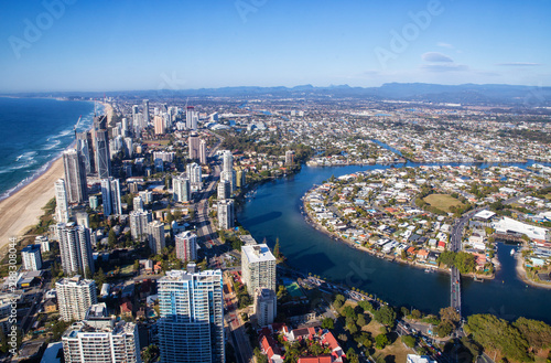 Aerial view of hotels and beach in Surfers Paradise, Queensland, Australia